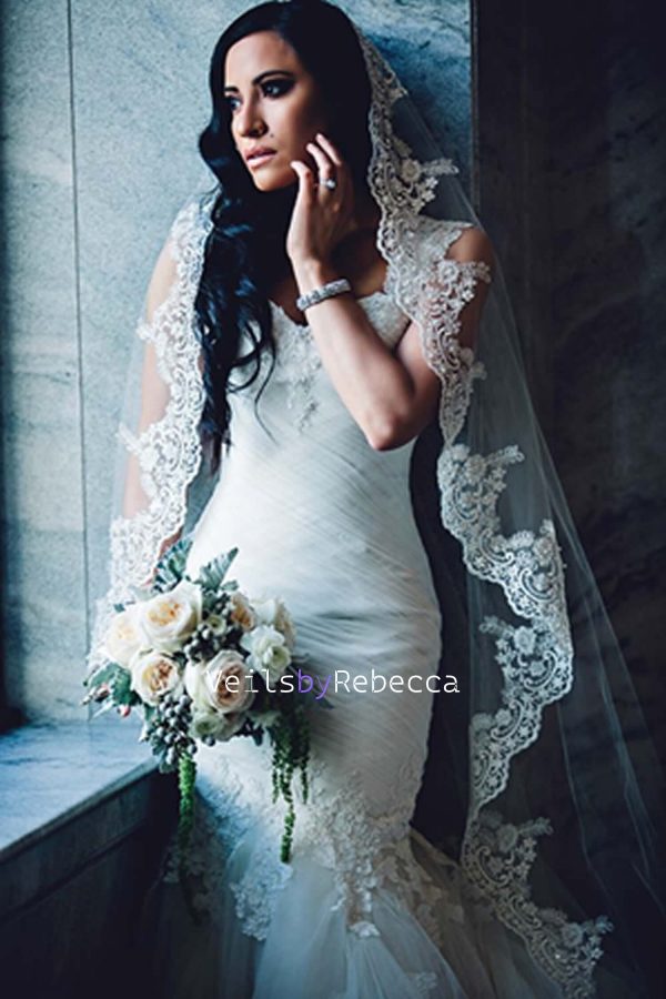 1 tier cathedral Mantilla Lace Veil,Lace 1st Communion Mantilla Veil in Cathedral, Catholic Lace Mantilla Wedding Veil Bridal Veil V657 - Image 2