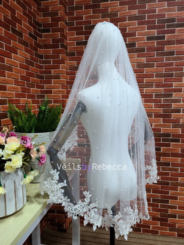 1 tier short fingertip scattered pearls floral lace appliques edge bridal wedding veil S472 - Image 6