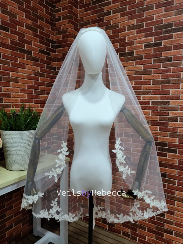 1 tier fingertip floral beading lace applique wedding veil,1 tier Short beading Lace Bridal Veil, Beading Floral Lace Veil S473 - Image 2