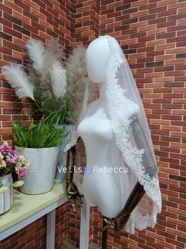 1 tier fingertip embroidery lace trim 1st Communion Catholic religious Spanish Mantilla bridal veil,scalloped embroidery Lace edge Veil S475 - Image 3