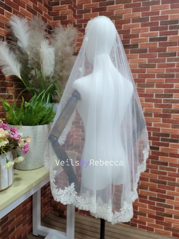 1 tier fingertip embroidery lace trim 1st Communion Catholic religious Spanish Mantilla bridal veil,scalloped embroidery Lace edge Veil S475 - Image 5