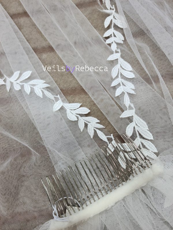1 tier short fingertip leaf lace veil, simple leaves lace wedding veil in fingertip length, simple soft tulle leaves lace veil S477 - Image 2