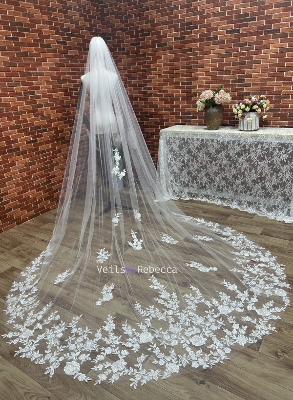 1 tier sequins floral vines embroidery lace cathedral wedding veil, sparking scattered sequins vines floral lace appliques bridal veil S466 - Image 2