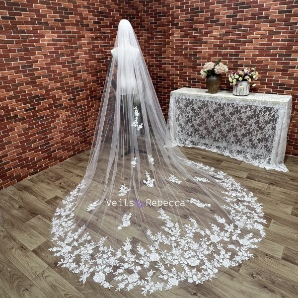 1 tier sequins floral vines embroidery lace cathedral wedding veil, sparking scattered sequins vines floral lace appliques bridal veil S466 - Image 7