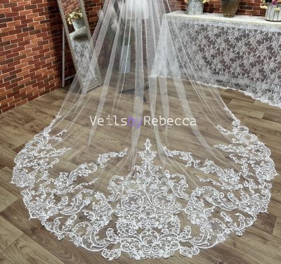 1 tier sequins embroidery lace cathedral wedding veil, ivory Royal lace wedding veil, sparking sequins vintage lace bridal veil R238