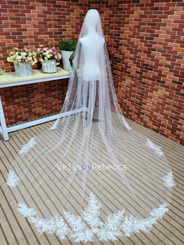 Il Fullxfull.5931887939 Cjzz.jpg 1 tier ivory sparking scattered beading floral lace appliques cathedral wedding veil, long beading lace bridal veil S463 - Image 3