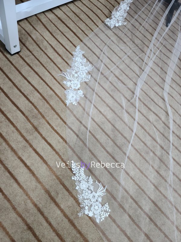 Il Fullxfull.5931887941 Gzwe.jpg 1 tier ivory sparking scattered beading floral lace appliques cathedral wedding veil, long beading lace bridal veil S463 - Image 8