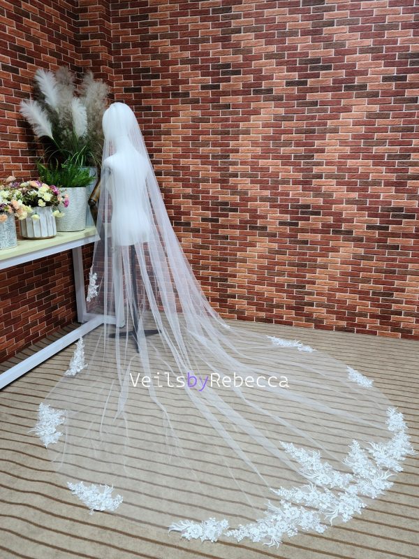 Il Fullxfull.5931887947 N1ry.jpg 1 tier ivory sparking scattered beading floral lace appliques cathedral wedding veil, long beading lace bridal veil S463 - Image 2