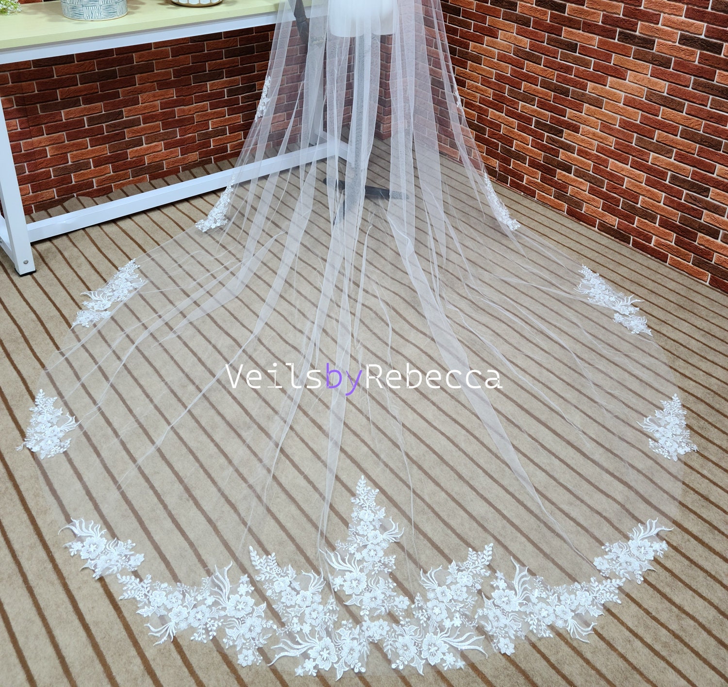 Il Fullxfull.5931889473 Fl00.jpg 1 tier ivory sparking scattered beading floral lace appliques cathedral wedding veil, long beading lace bridal veil S463 - Image 1