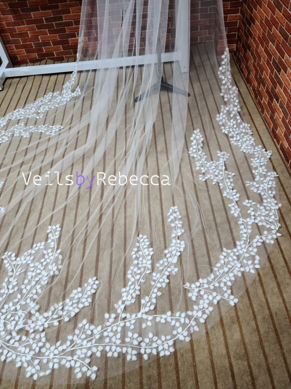 1 tier ivory soft tulle tree leaves lace bottom cathedral bridal wedding veil S464 - Image 3