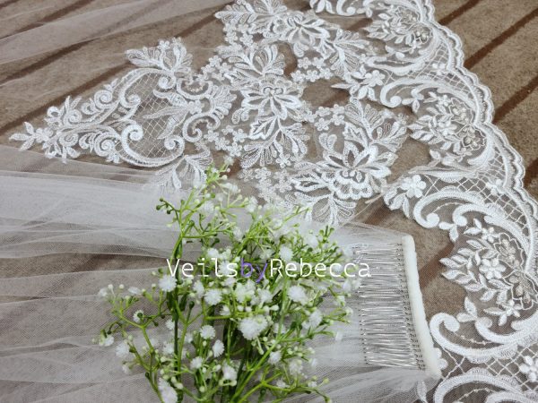 2024 new sequins ivory soft tulle embroidery lace bottom cathedral bridal wedding veil S462 - Image 7