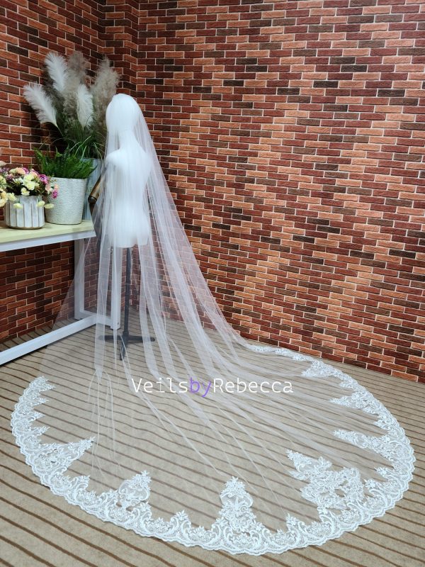2024 new sequins ivory soft tulle embroidery lace bottom cathedral bridal wedding veil S462 - Image 4