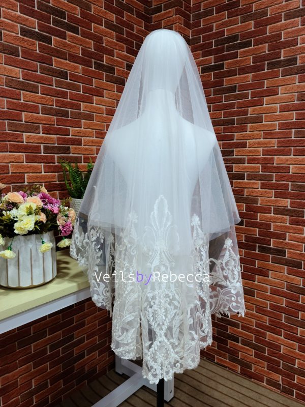 Romantic 2 tiers drop floating fingertip sequins vines lace appliques bridal wedding veil S471 - Image 6