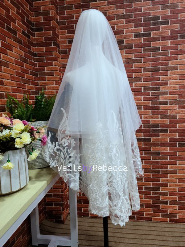 Romantic 2 tiers drop floating fingertip sequins vines lace appliques bridal wedding veil S471 - Image 8