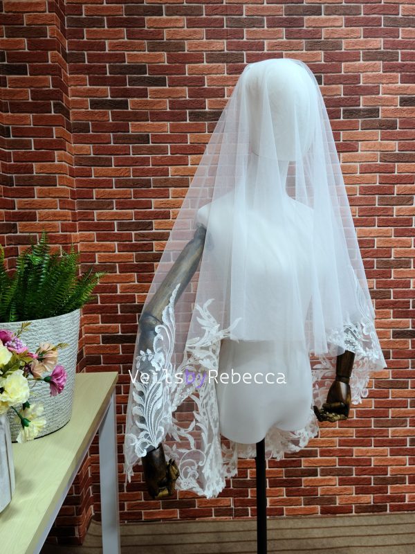 Romantic 2 tiers drop floating fingertip sequins vines lace appliques bridal wedding veil S471 - Image 2