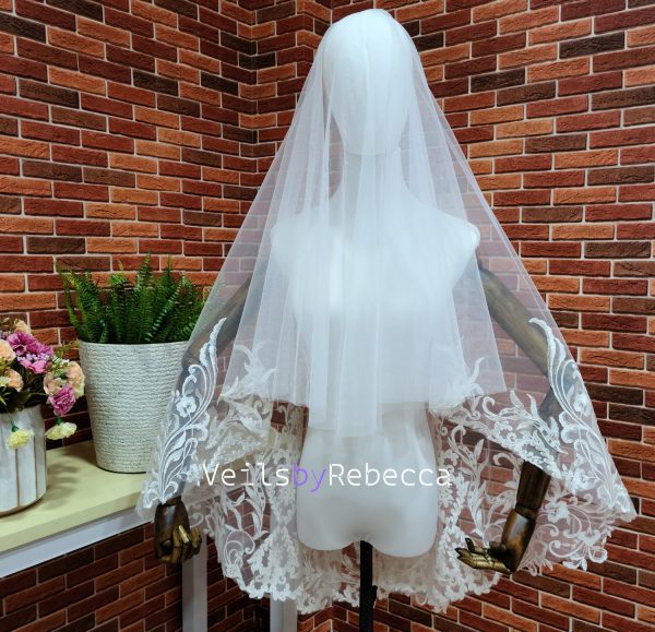 Romantic 2 tiers drop floating fingertip sequins vines lace appliques bridal wedding veil S471 - Image 9