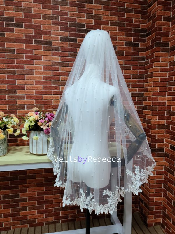 1 tier short fingertip scattered pearls floral lace appliques edge bridal wedding veil S472 - Image 5