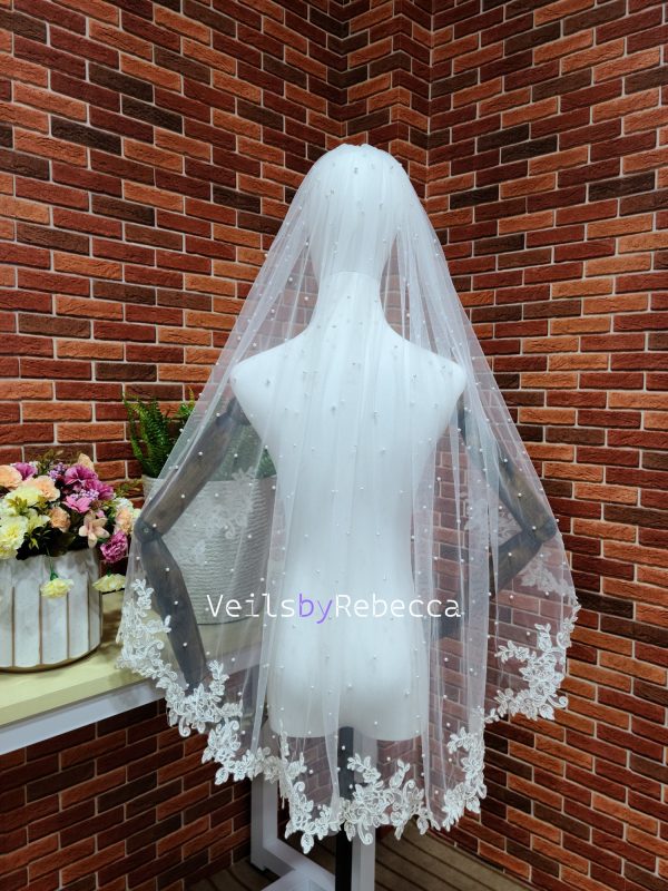 1 tier short fingertip scattered pearls floral lace appliques edge bridal wedding veil S472 - Image 3