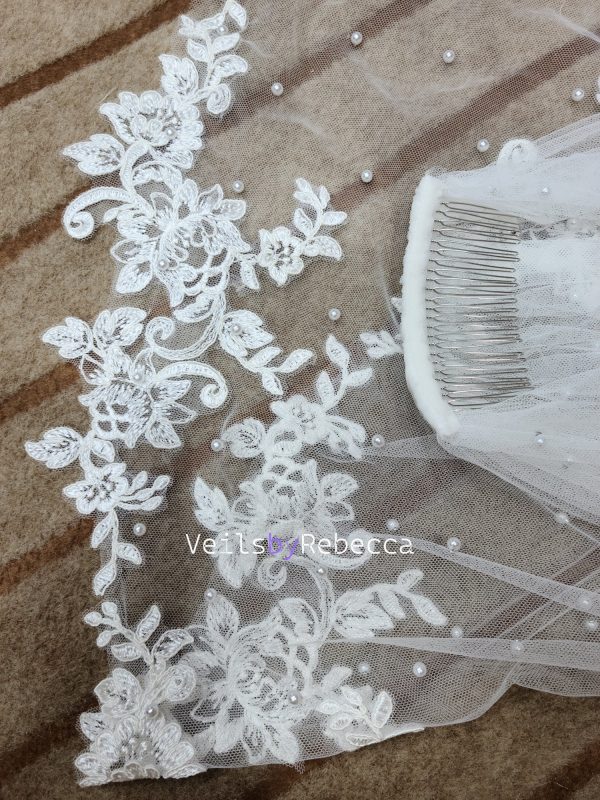 1 tier short fingertip scattered pearls floral lace appliques edge bridal wedding veil S472 - Image 2