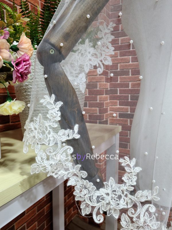 1 tier short fingertip scattered pearls floral lace appliques edge bridal wedding veil S472 - Image 4