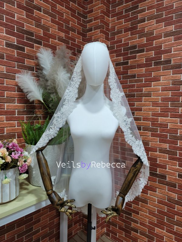 1 tier fingertip embroidery lace trim 1st Communion Catholic religious Spanish Mantilla bridal veil,scalloped embroidery Lace edge Veil S475 - Image 6