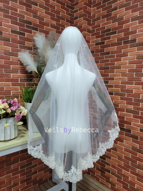 1 tier fingertip embroidery lace trim 1st Communion Catholic religious Spanish Mantilla bridal veil,scalloped embroidery Lace edge Veil S475 - Image 4