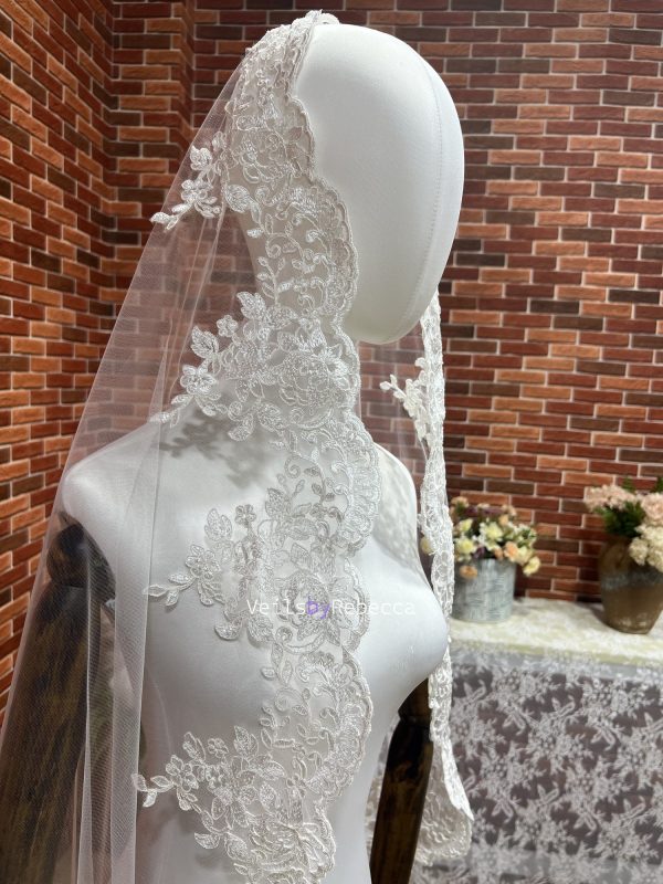 Il Fullxfull.5956062674 Dygw.jpg 1 tier mid length waltz length 1st Communion Catholic Spanish Mantilla Wedding Veil, corded embroidery lace Bridal Veil S478 - Image 3