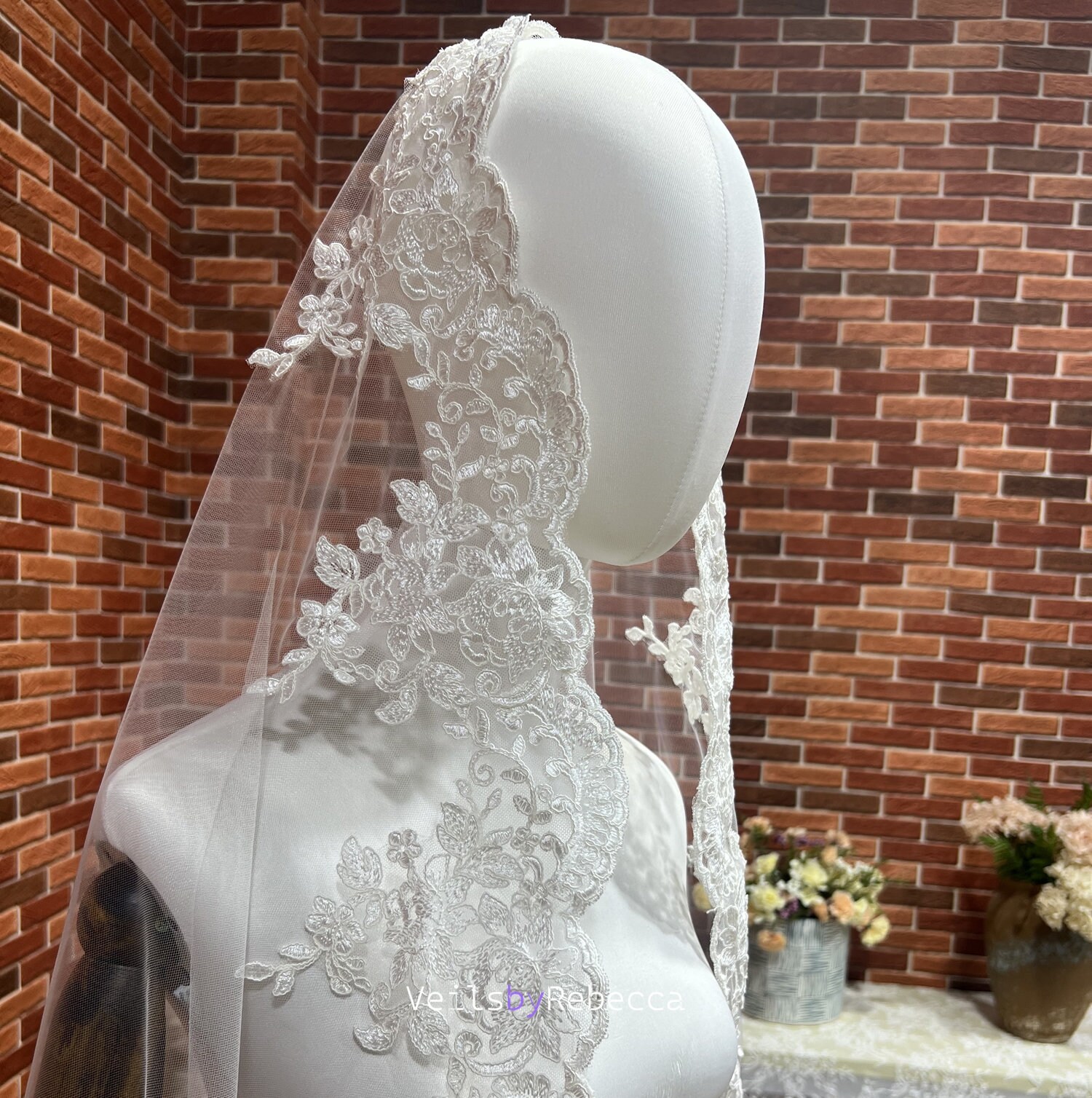 Il Fullxfull.5956065598 M26y.jpg 1 tier mid length waltz length 1st Communion Catholic Spanish Mantilla Wedding Veil, corded embroidery lace Bridal Veil S478 - Image 1