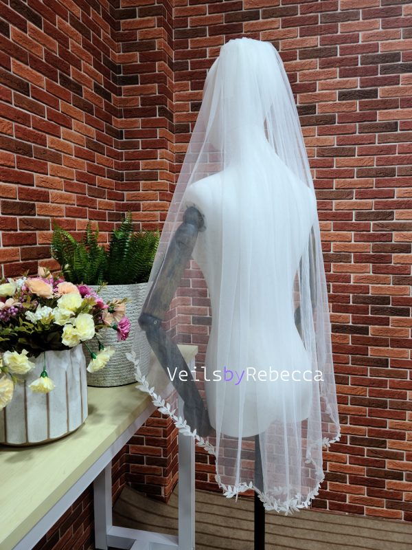 1 tier short fingertip leaf lace veil, simple leaves lace wedding veil in fingertip length, simple soft tulle leaves lace veil S477 - Image 4