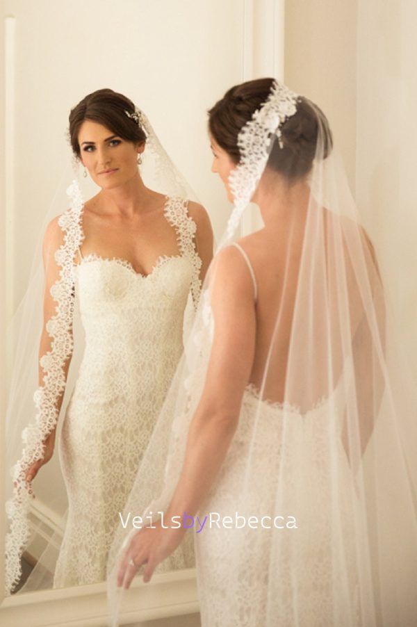 1 tier cathedral French Alencon eyelash lace Spanish Mantilla Veil, 1st Communion Catholic Mantilla lace Wedding Veil V630 - Image 4