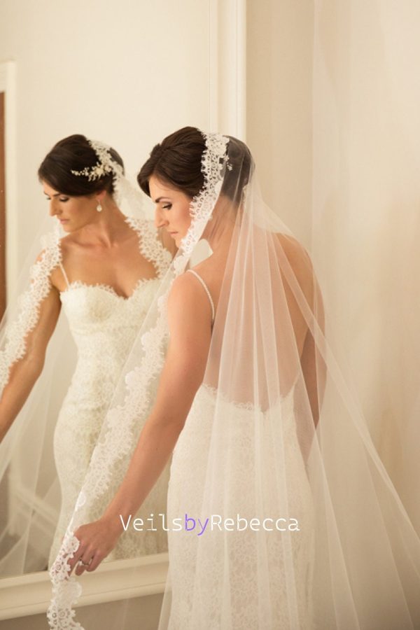 1 tier cathedral French Alencon eyelash lace Spanish Mantilla Veil, 1st Communion Catholic Mantilla lace Wedding Veil V630 - Image 3