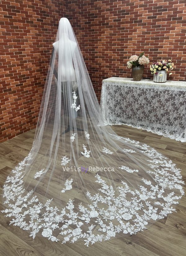 1 tier sequins floral vines embroidery lace cathedral wedding veil, sparking scattered sequins vines floral lace appliques bridal veil S466 - Image 3