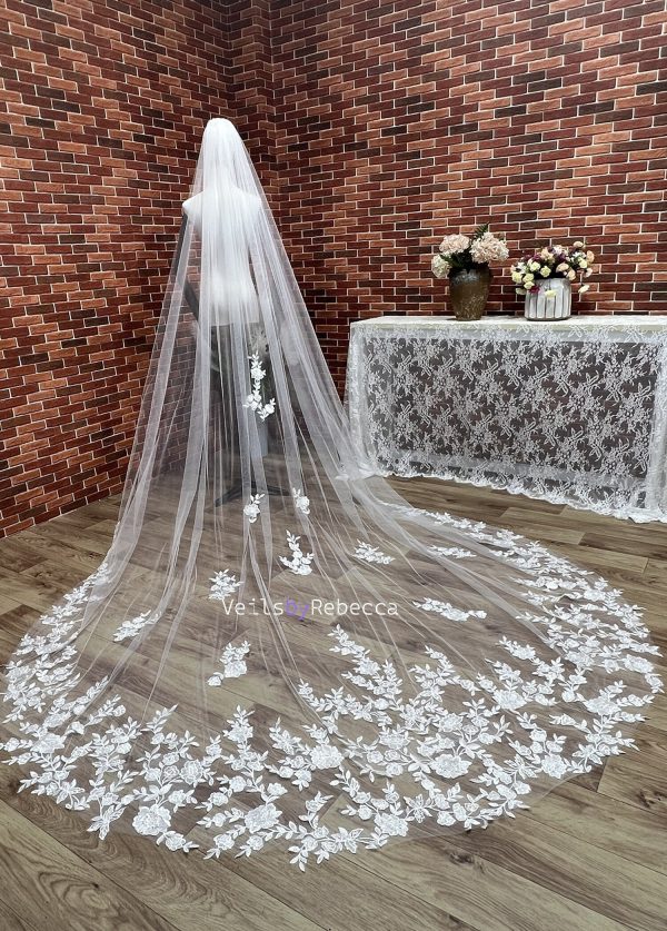 1 tier sequins floral vines embroidery lace cathedral wedding veil, sparking scattered sequins vines floral lace appliques bridal veil S466 - Image 8