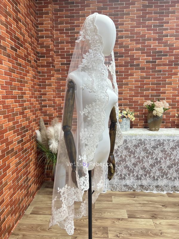 Il Fullxfull.6004135497 Ca1u.jpg 1 tier mid length waltz length 1st Communion Catholic Spanish Mantilla Wedding Veil, corded embroidery lace Bridal Veil S478 - Image 2