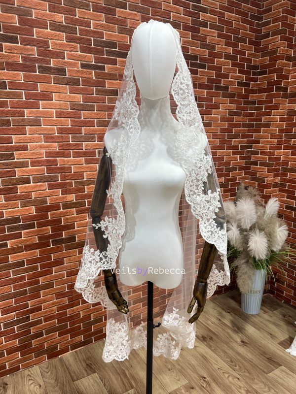 Il Fullxfull.6004135501 1fv3.jpg 1 tier mid length waltz length 1st Communion Catholic Spanish Mantilla Wedding Veil, corded embroidery lace Bridal Veil S478 - Image 5