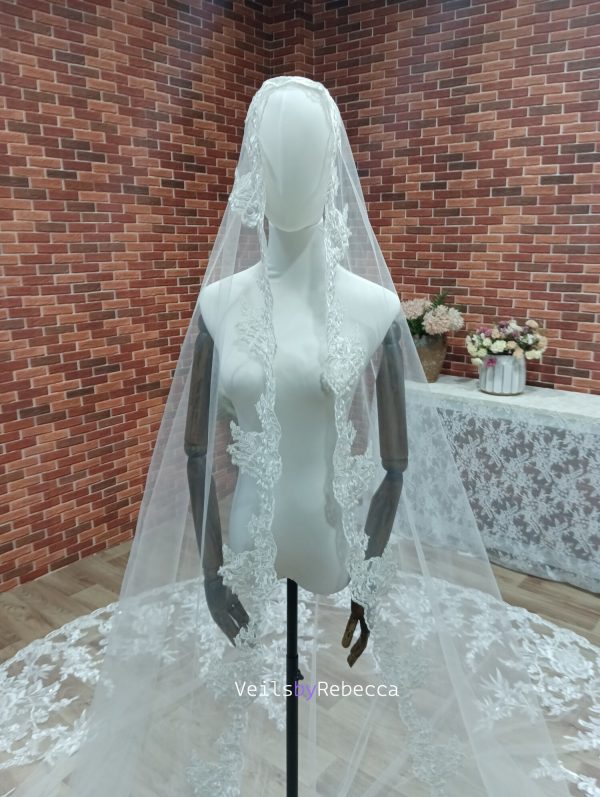 Il Fullxfull.6018044808 5t96.jpg 1 tier sparking sequins floral lace appliques 1st Communion catholic religious Spanish Mantilla cathedral wedding veil S468 - Image 8