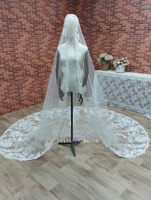 Il Fullxfull.6066110183 Joxe.jpg 1 tier sparking sequins floral lace appliques 1st Communion catholic religious Spanish Mantilla cathedral wedding veil S468 - Image 4