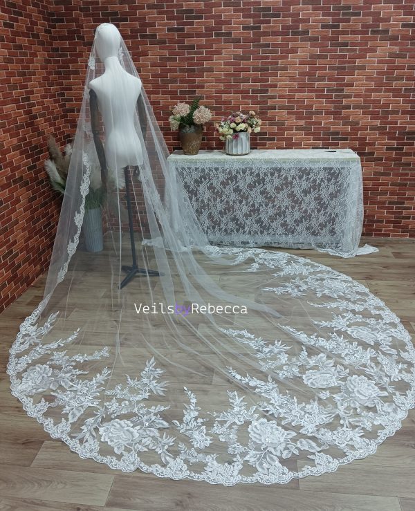 Il Fullxfull.6066110185 4tup.jpg 1 tier sparking sequins floral lace appliques 1st Communion catholic religious Spanish Mantilla cathedral wedding veil S468 - Image 7