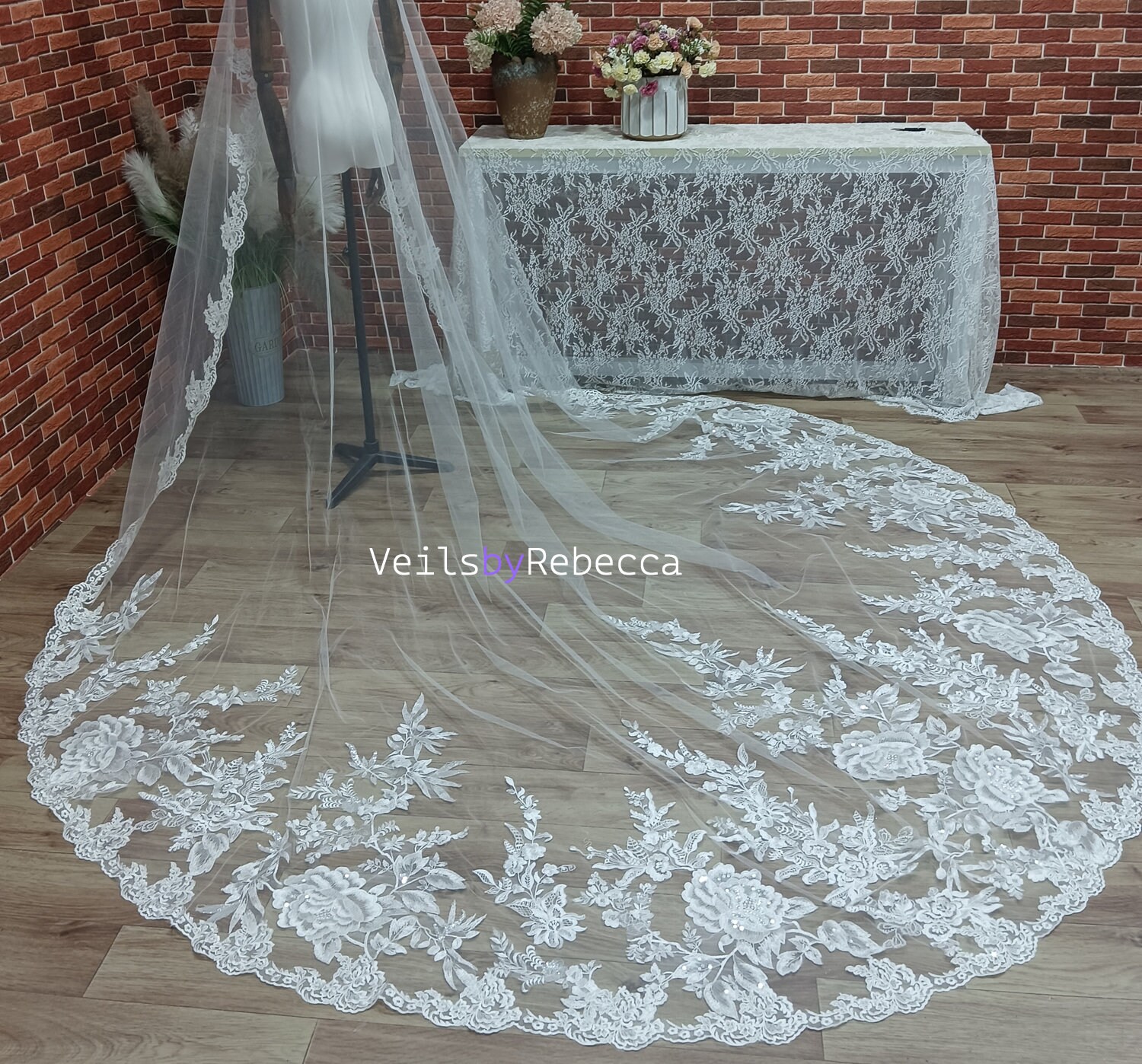 Il Fullxfull.6066114209 T49c.jpg 1 tier sparking sequins floral lace appliques 1st Communion catholic religious Spanish Mantilla cathedral wedding veil S468 - Image 1