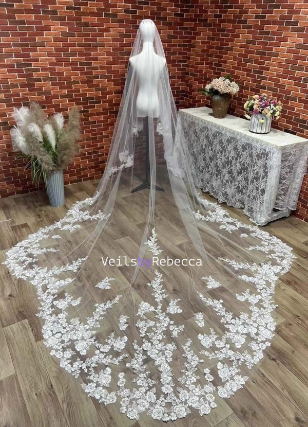 2 tiers drop royal length floating floral lace Scalloped bottom bridal veil, drop floral lace royal wedding veil R268D - Image 2