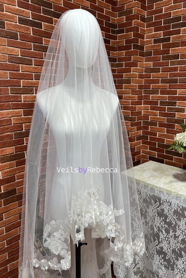 2 tiers drop royal length floating floral lace Scalloped bottom bridal veil, drop floral lace royal wedding veil R268D - Image 5