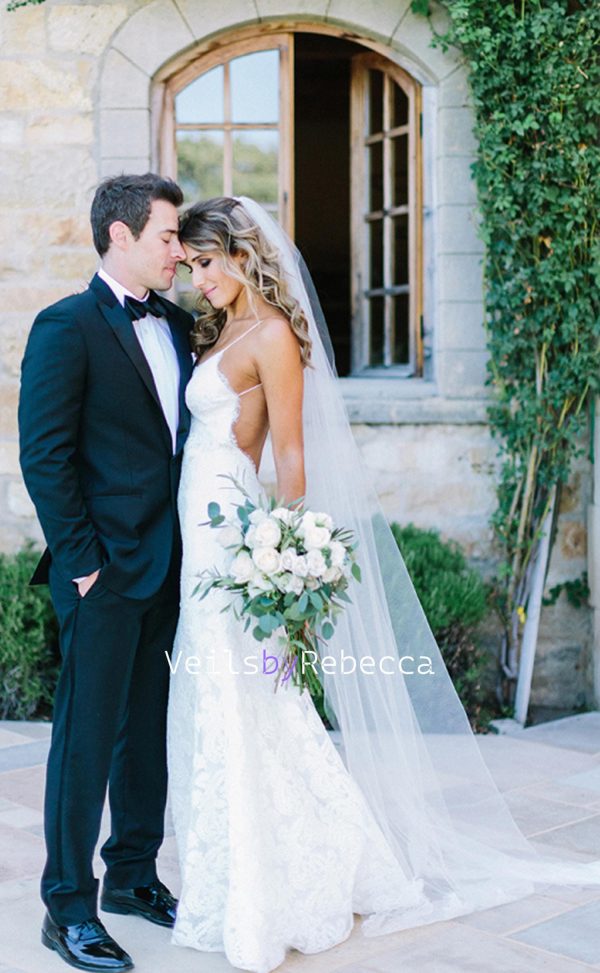 1 tier cathedral veil ,ivory chapel lace veil,Chantilly lace cathedral veil,long lace bottom veil, soft tulle chantilly lace veil V612 - Image 4