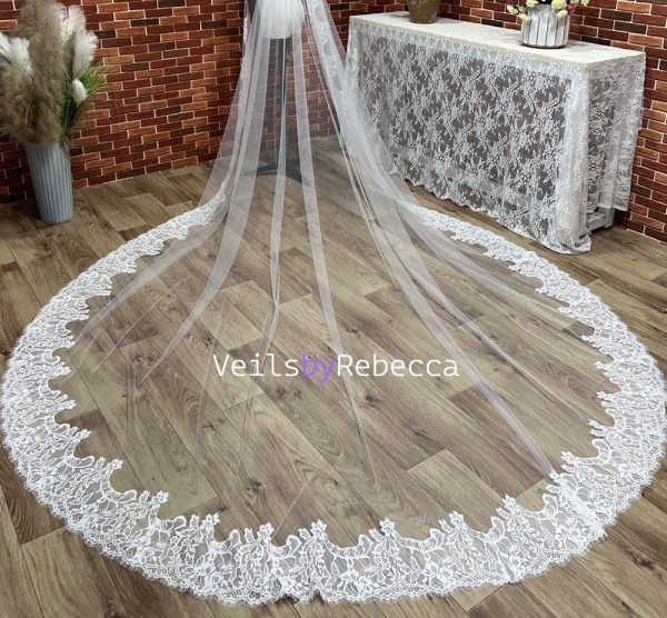 Il Fullxfull.6231526478 3or3.jpg 1 piece 2 tiers Chantilly lace veil with a blusher, 2 tiers wide Chantilly eyelash lace cathedral drop floating wedding veil V663D - Image 9