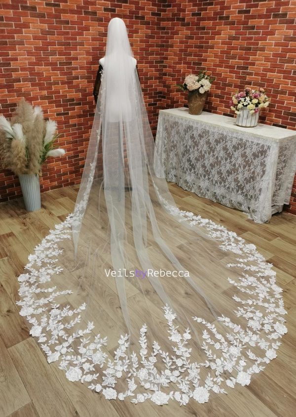 1 tier sequins floral vines embroidery lace cathedral wedding veil, sparking scattered sequins vines floral lace appliques bridal veil S480 - Image 3