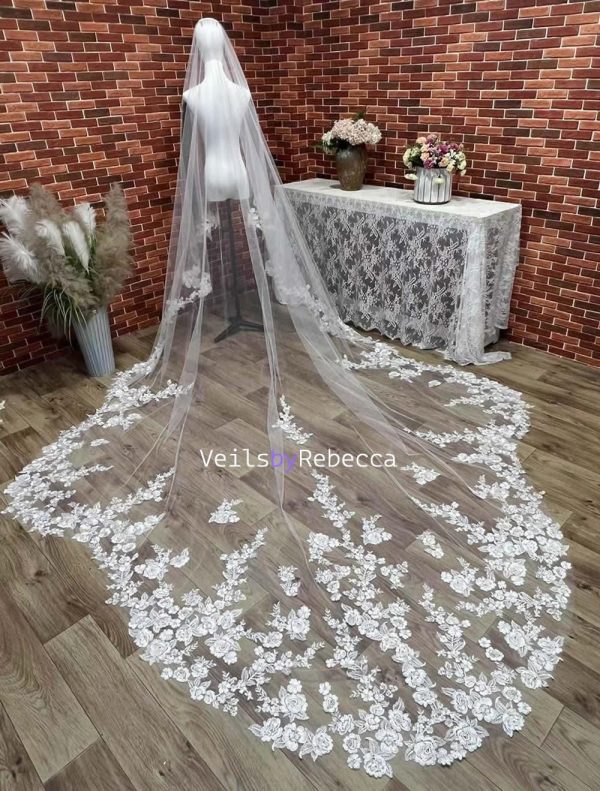 2 tiers drop royal length floating floral lace Scalloped bottom bridal veil, drop floral lace royal wedding veil R268D - Image 3