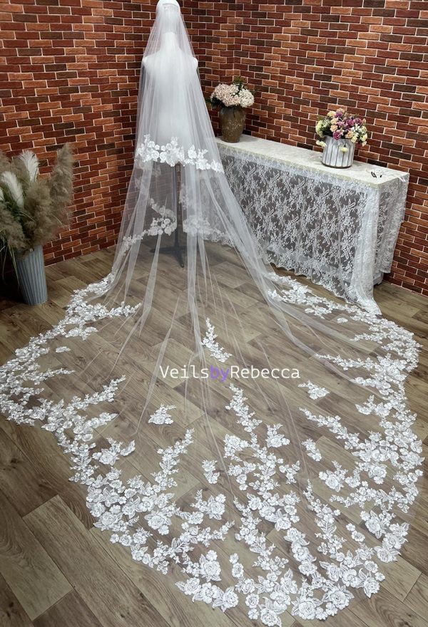 2 tiers drop royal length floating floral lace Scalloped bottom bridal veil, drop floral lace royal wedding veil R268D - Image 4