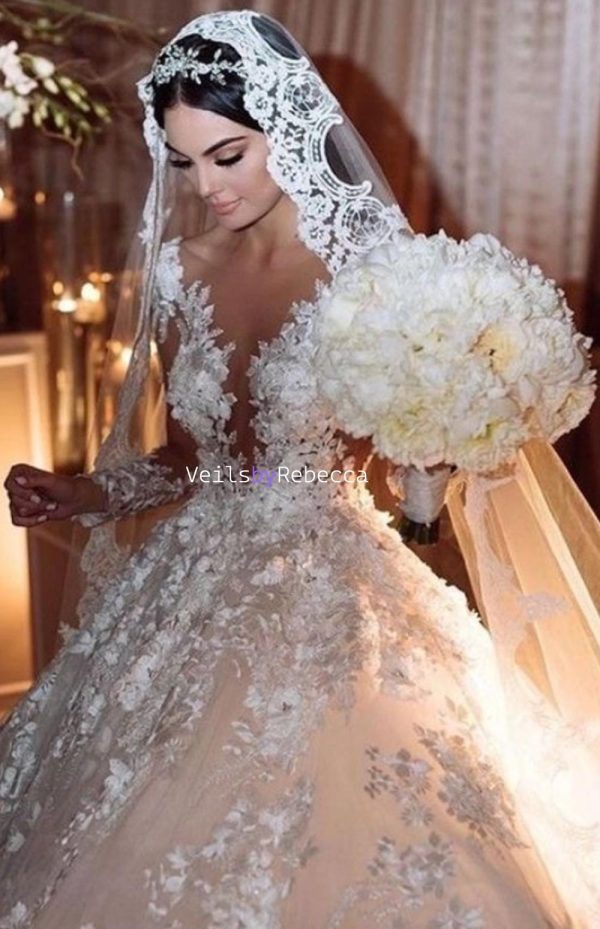 1 tier cathedral Mantilla Lace Veil,Lace 1st Communion Mantilla Veil in Cathedral, Catholic Lace Mantilla Wedding Veil Bridal Veil V668 - Image 2