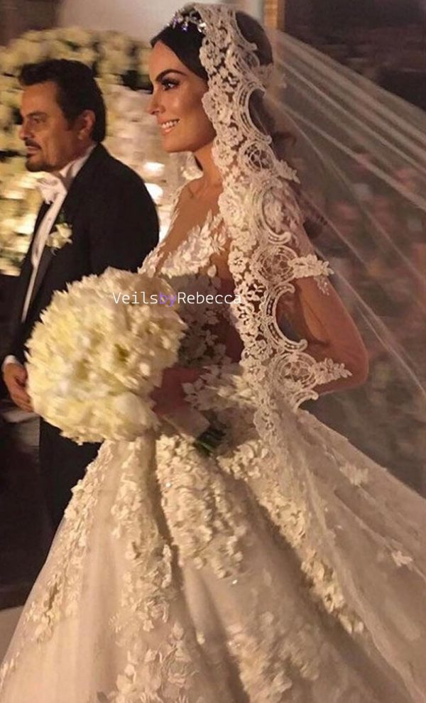 1 tier cathedral Mantilla Lace Veil,Lace 1st Communion Mantilla Veil in Cathedral, Catholic Lace Mantilla Wedding Veil Bridal Veil V668 - Image 3