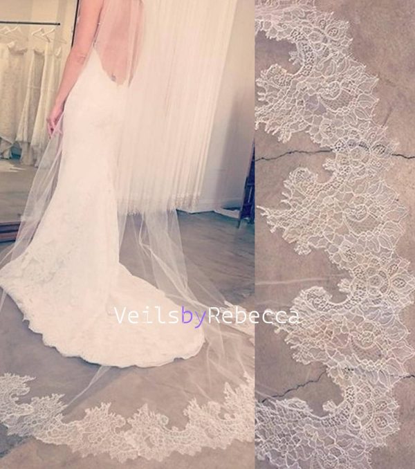 1 tier cathedral veil ,ivory chapel lace veil,Chantilly lace cathedral veil,long lace bottom veil, soft tulle chantilly lace veil V612 - Image 2