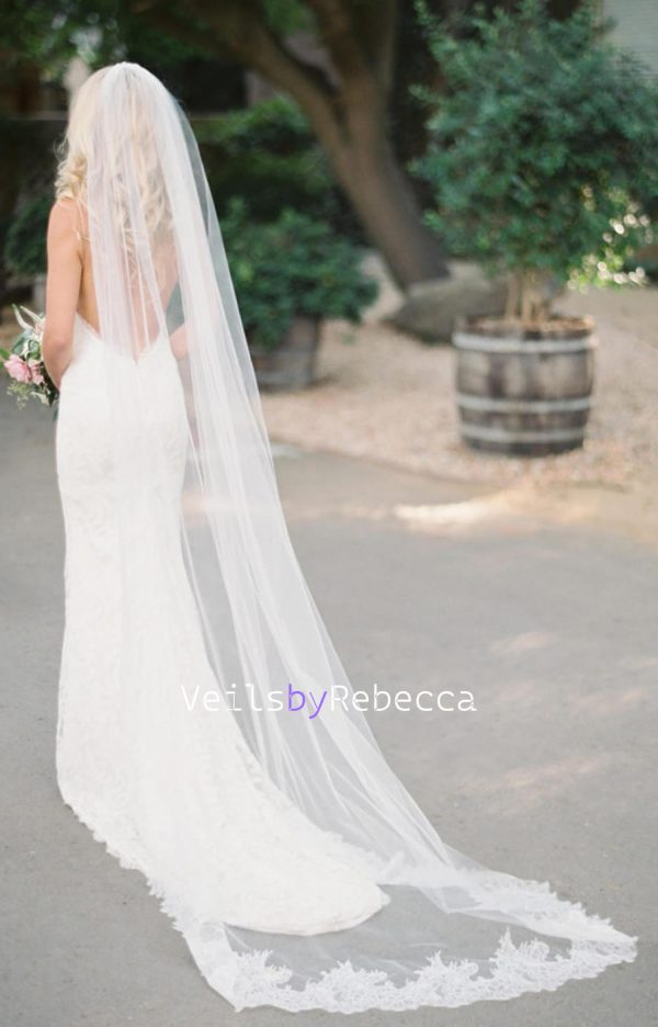 1 tier cathedral veil ,ivory chapel lace veil,Chantilly lace cathedral veil,long lace bottom veil, soft tulle chantilly lace veil V612 - Image 5